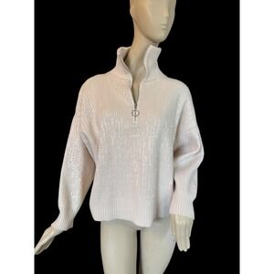Zara Sequin Boxy Sequin Sweater Sz Small Zipper Accent Festive Cream Oatmeal EUC